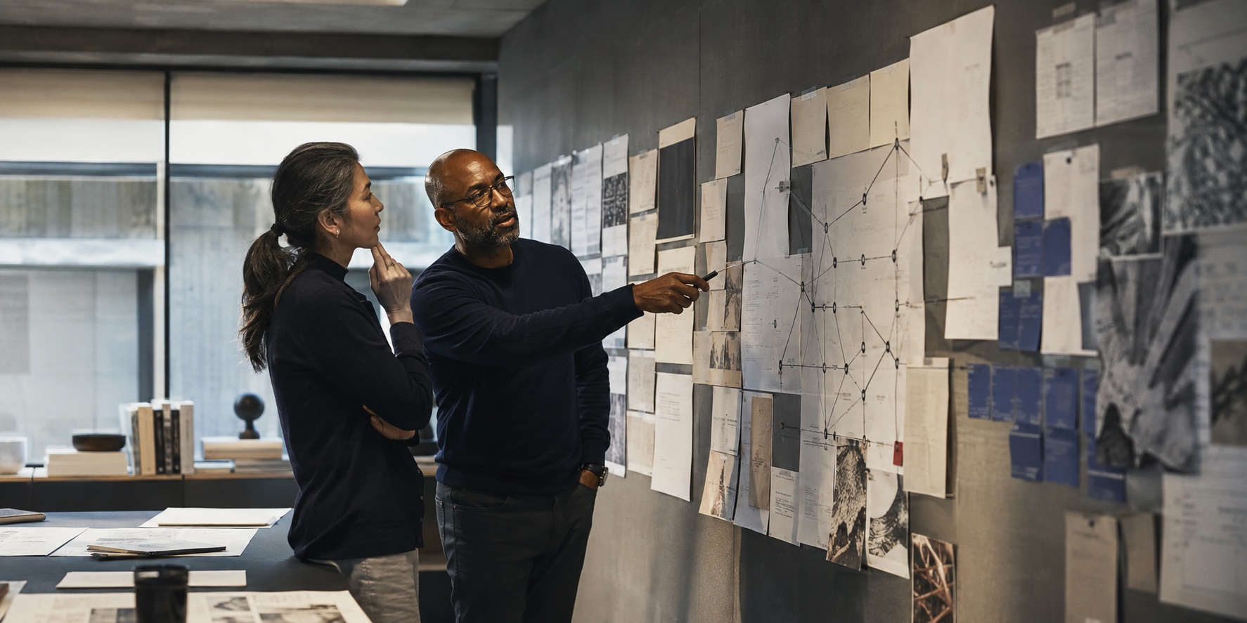 Senior strategy researchers mapping buyer questions, evidence sources and category relationships