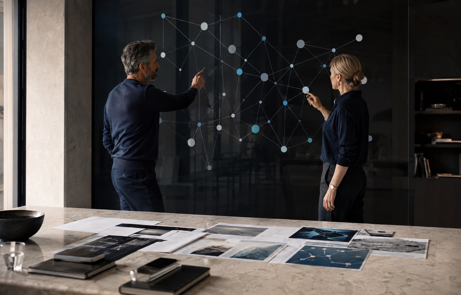 Senior strategists mapping relationships between a company, its expertise, services and external authority