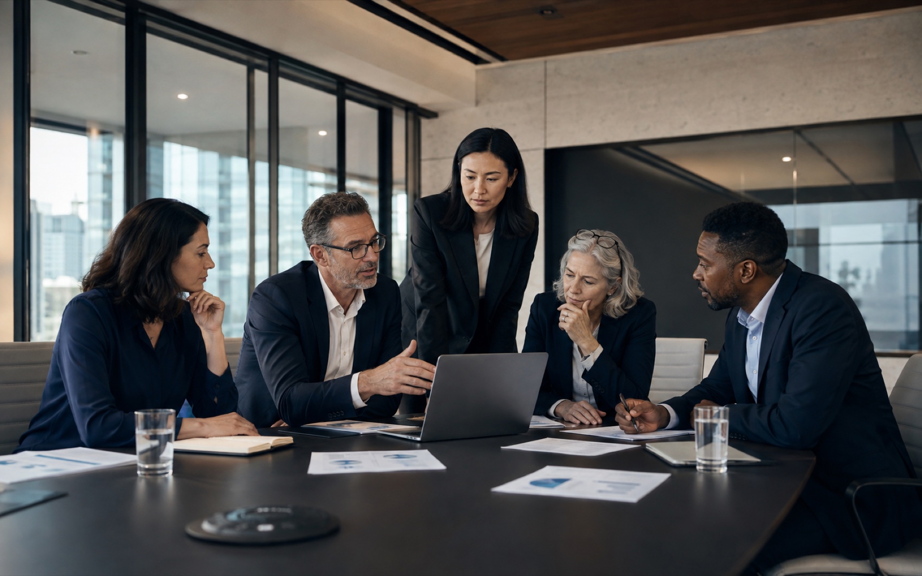Enterprise B2B buying committee reviewing AI visibility strategy in a conference room